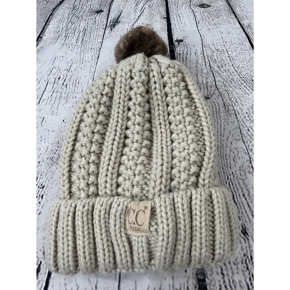 C.C. Kids Beanie Hat Beige Knit Pom Pom Fall Winter Toboggan